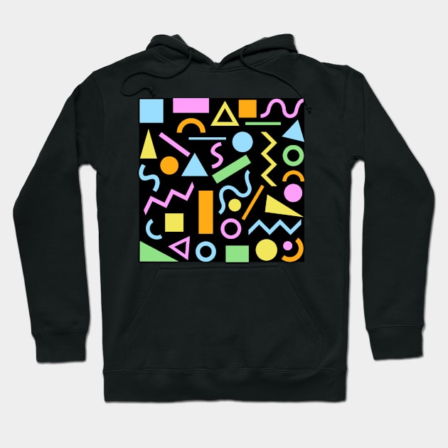 80s Style Shapes Pattern Color on Black Hoodie by NataliePaskell